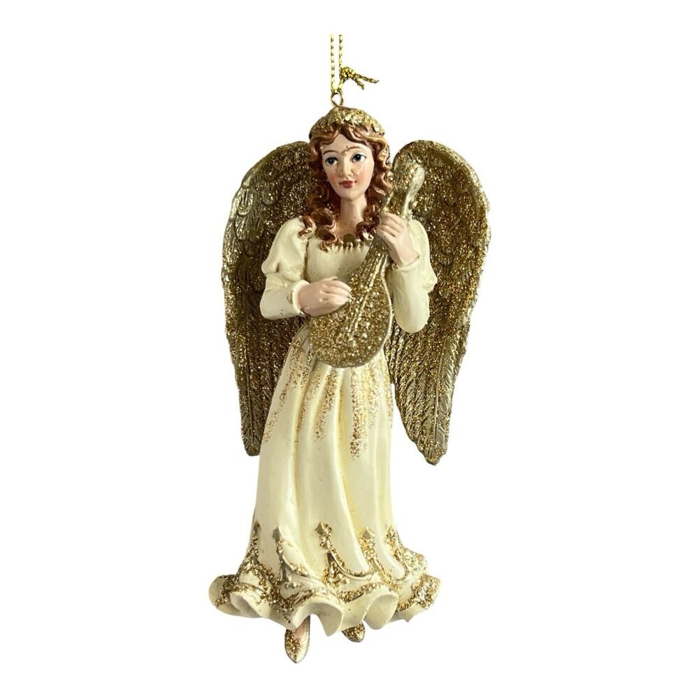 Kurt Adler Gold Glitter Angel w/Mandolin Christmas Holiday Hanging Ornament 6"